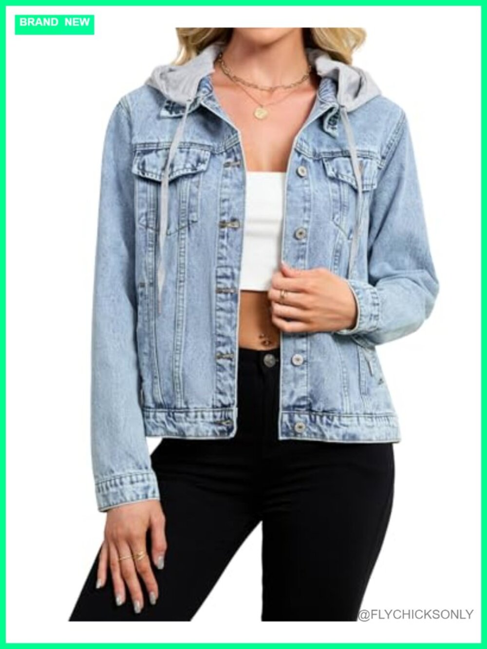 Denim Jacket with Detachable Hood Long Sleeve Button Down Boyfriend Fit Casual